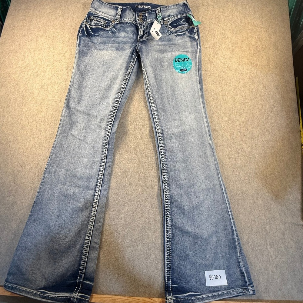 Maurices Denim Flex Flare Jeans Light Wash Thick Stitch Embellished Long NWT